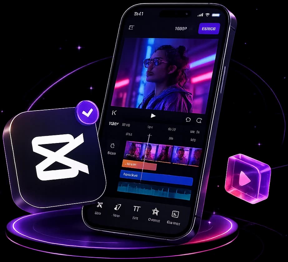 CapCut mobile video editor interface with export controls, timeline, and effects