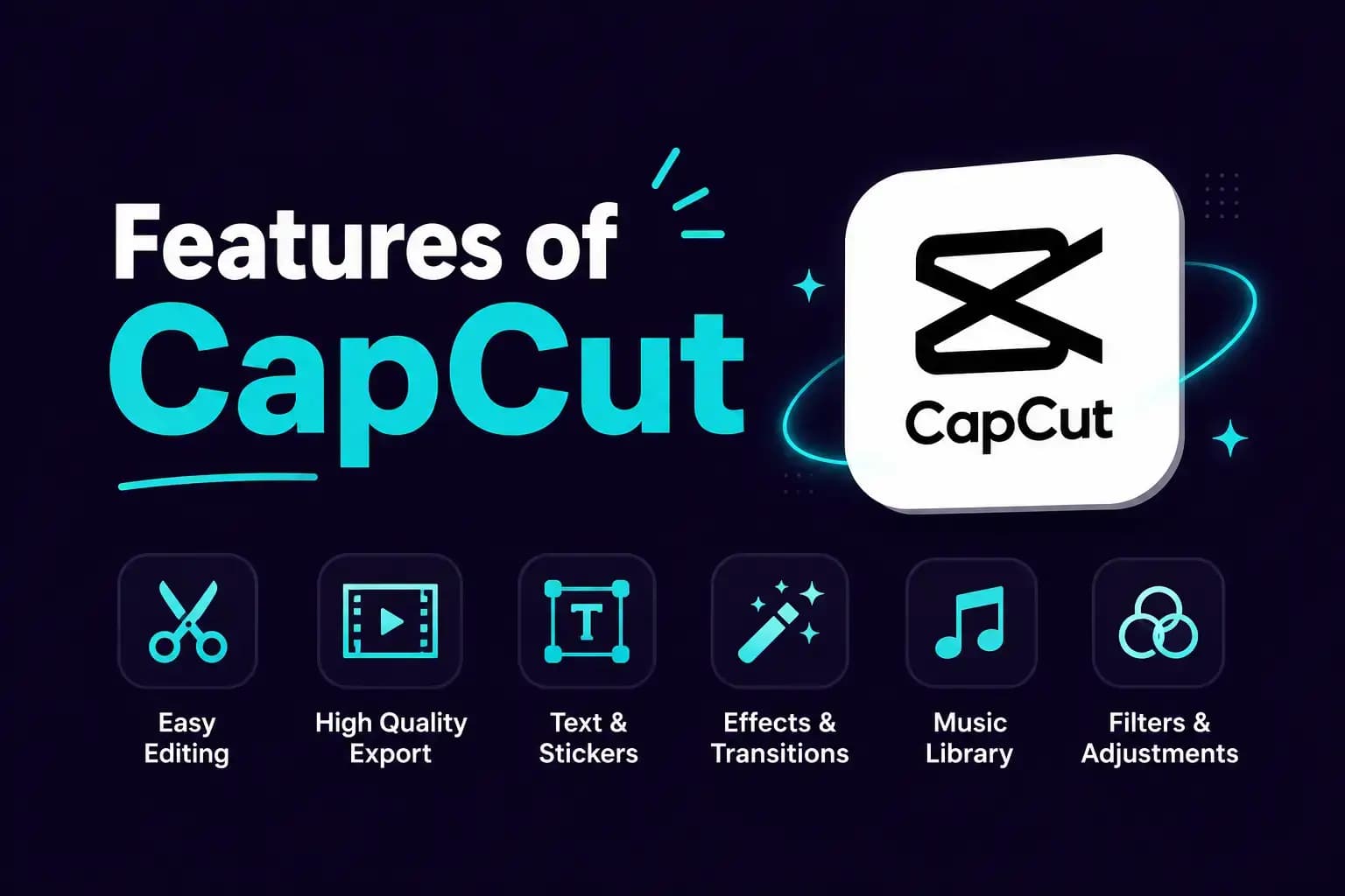 Features of CapCut — easy editing, high quality export, text and stickers, effects and transitions, music library, and filters icons