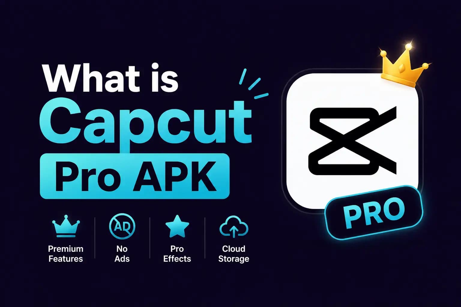 What is CapCut Pro APK — CapCut Pro app icon with a crown badge highlighting premium features, no ads, pro effects, and cloud storage